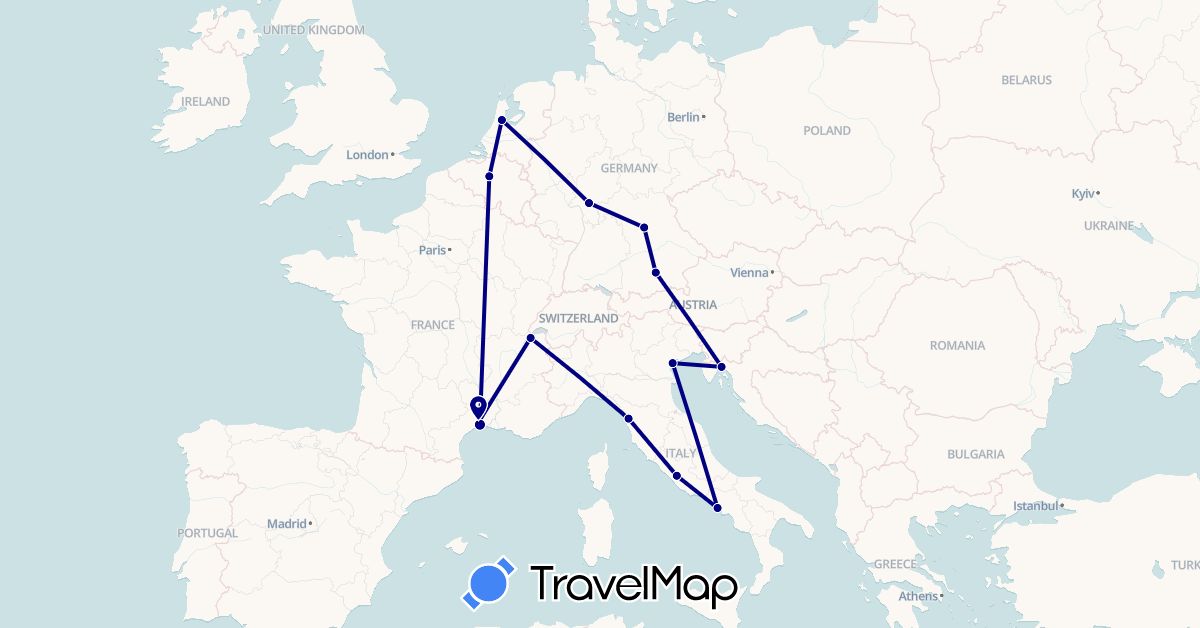 TravelMap itinerary: driving in Belgium, Switzerland, Germany, France, Croatia, Italy, Netherlands (Europe)